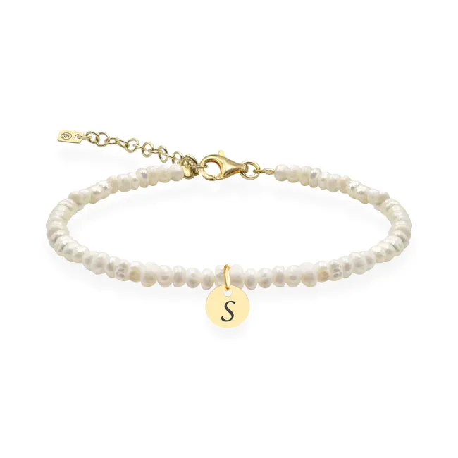 Brățară damă din Argint 925 Premium – bănuț și perle de cultură, personalizată cu inițială (6 mm)