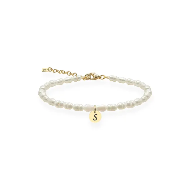 Brățară damă din Argint 925 Premium – perle de cultură și bănuț, personalizată cu inițială (6 mm)
