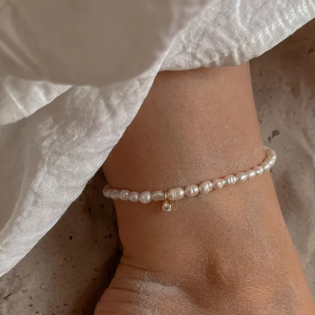 Bratara de picior, Argint 925 Premium, perle si piatra zirconiu