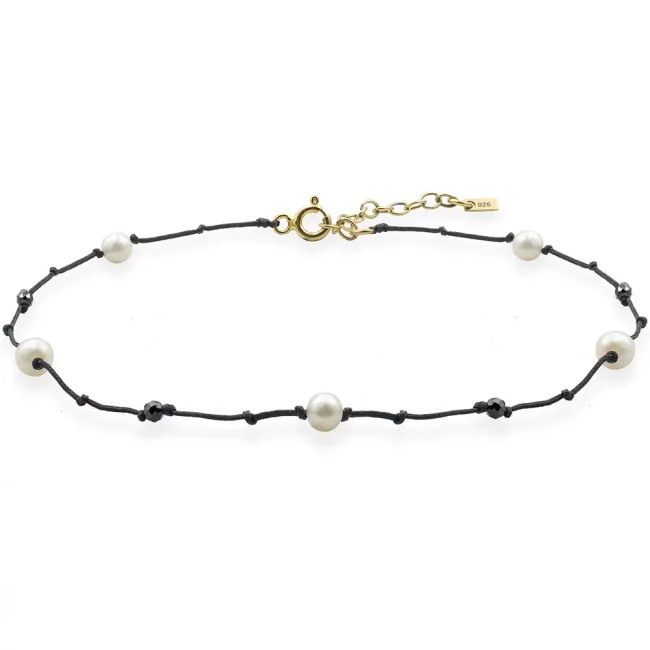 Bratara de picior, Argint 925 Premium, snur cu perle naturale de cultura si pietre naturale Spinel negru