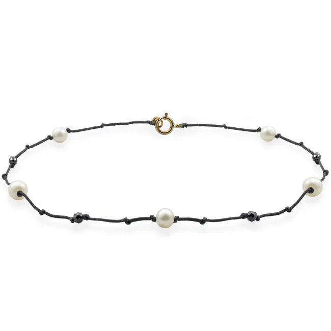 Bratara de picior, Aur 14K Premium, snur cu perle de cultura si pietre naturale Spinel negru