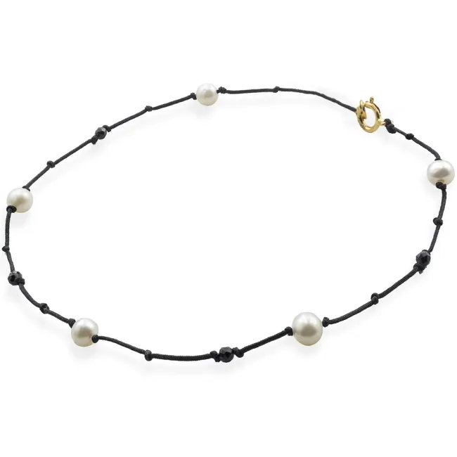 Bratara de picior, Aur 14K Premium, snur cu perle de cultura si pietre naturale Spinel negru