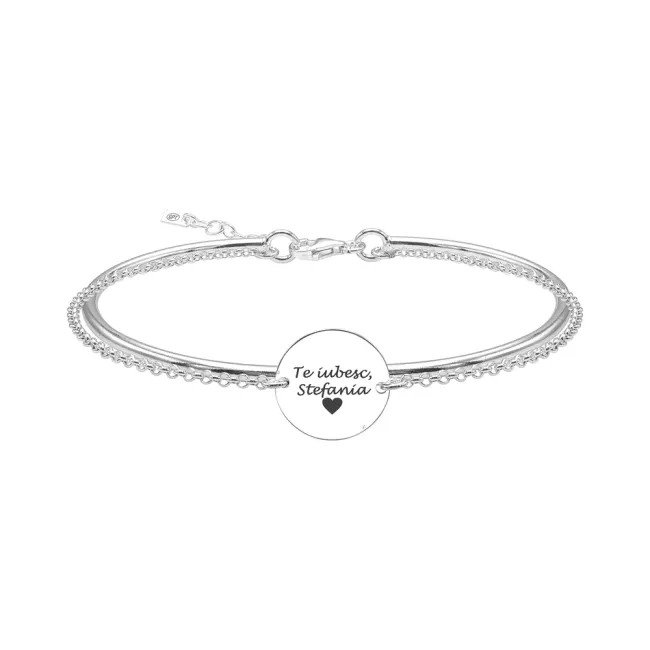 Bratara fixa rotunda cu lantisor si banut mic 14.5 mm personalizat gravura text Argint 925 Premium