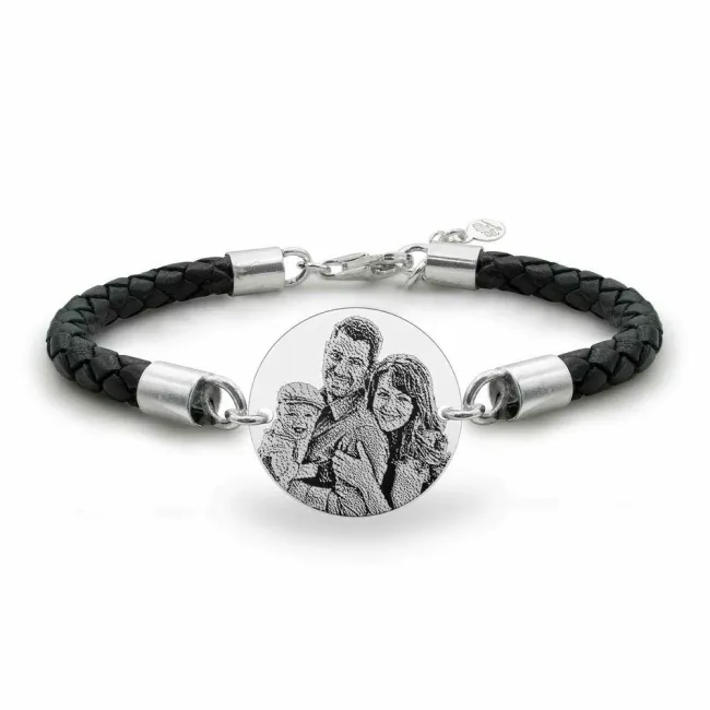 Bratara barbateasca Argint 925 Premium piele banut mare 22 mm personalizat gravura cu poza (piele 5 mm)