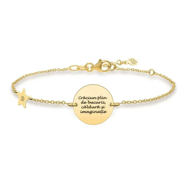 Bratara lant banut mare 17 mm si stea 10 mm personalizate gravura text Argint 925 Premium, placat aur galben 24K