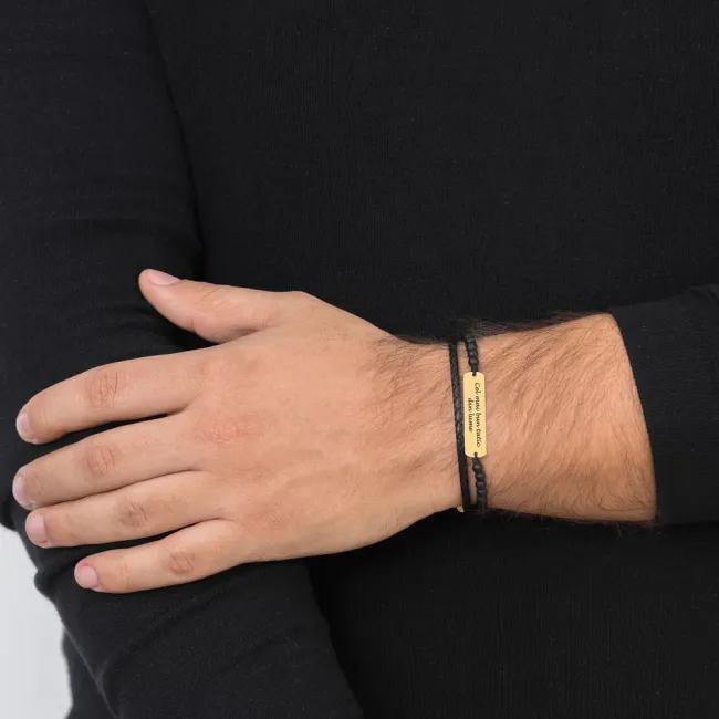 Bratara barbateasca piele & onix placuta 33 mm personalizata gravura text Argint 925 Premium