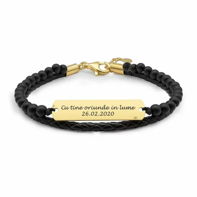 Bratara barbateasca piele & onix placuta 33 mm personalizata gravura text Argint 925 Premium