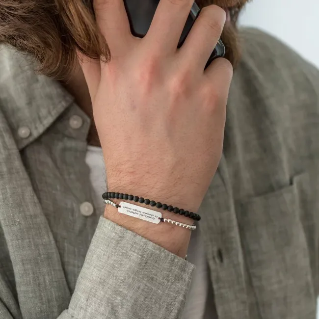 Bratara barbateasca snur onix si bilute placuta 33 mm personalizata gravura text Argint 925 Premium