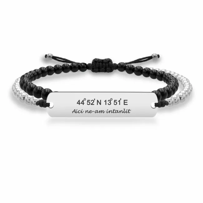 Bratara barbateasca snur onix si bilute placuta 33 mm personalizata gravura text Argint 925 Premium