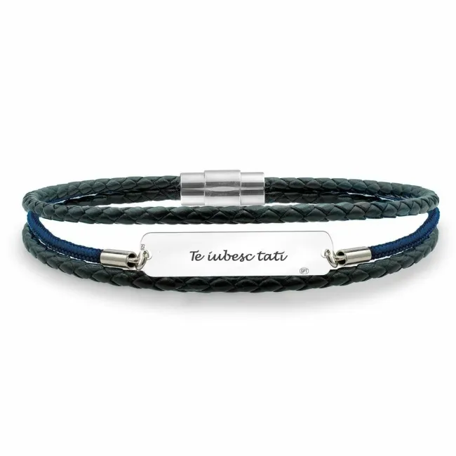 Bratara barbateasca piele & paracord placuta 33 mm personalizata gravura text Argint 925 Premium (piele 3 mm si inchizatoare inox)