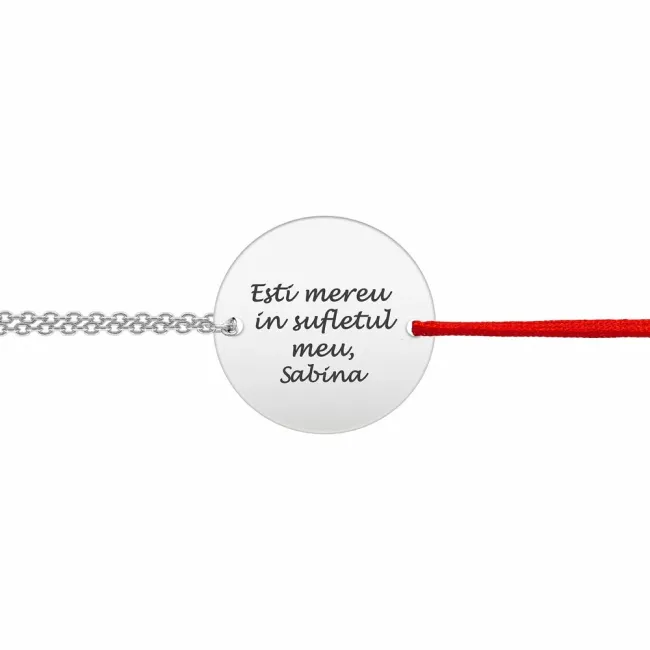 Bratara mix snur si lant Argint 925 Premium, banut mare personalizat gravura text (17 mm)