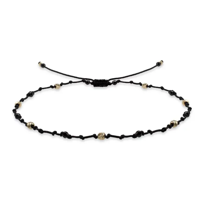 Bratara picior Aur 14K Premium, snur reglabil cu bilute si pietre naturale Spinel negru