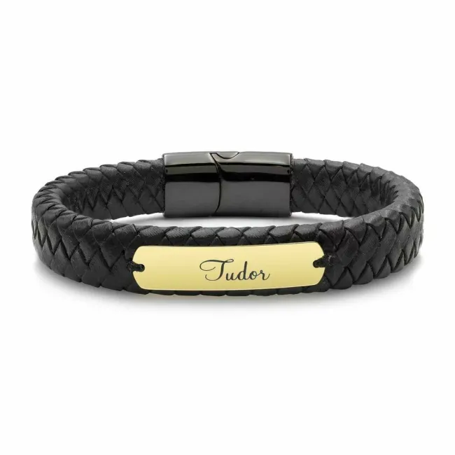 Bratara barbateasca piele lata impletita placuta 33 mm personalizata gravura text Aur 14K (inchizatoare magnetica inox negru)