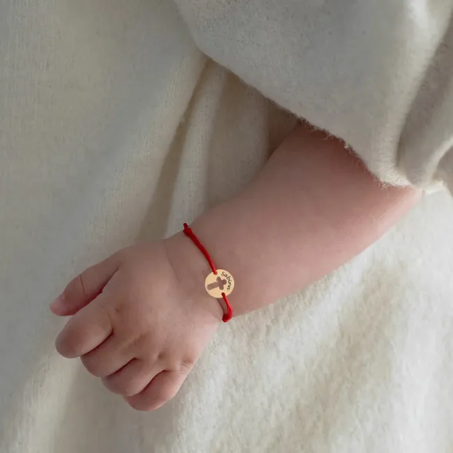 Bratara bebe din Aur 14K Premium, cu snur reglabil si personalizata cu banut mic gravat (10 mm) picture - 2