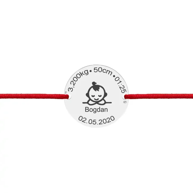 Bratara snur bebe si copil, ceasul bebelusului si banut mare 17 mm, personalizata cu poza, Argint 925 Premium