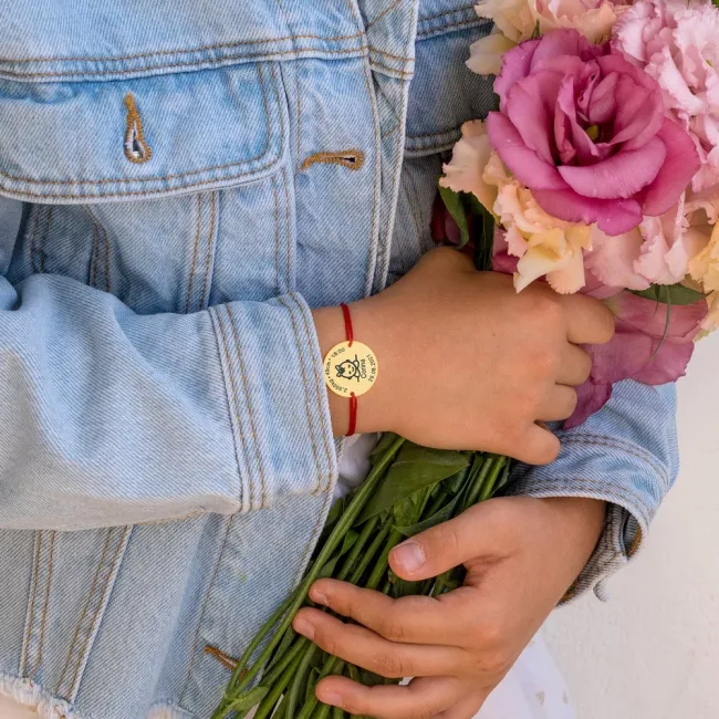 Bratara snur bebe si copil, ceasul bebelusului si banut mare 22 mm, personalizata cu poza, Argint 925 Premium