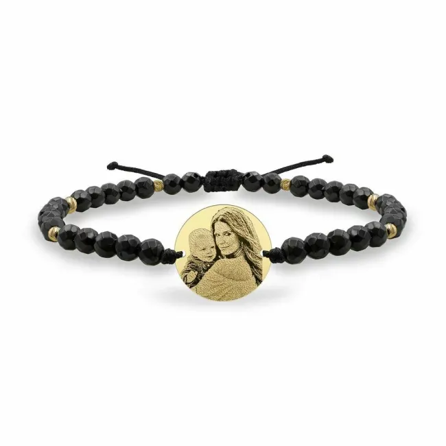 Bratara snur mix onix fatetat si bilute banut mediu 15 mm personalizat gravura cu poza Aur 14K