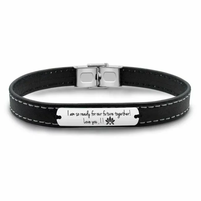 Bratara barbateasca piele lata cusuta placuta 33 mm personalizata gravura text Argint 925 Premium (inchizatoare inox)