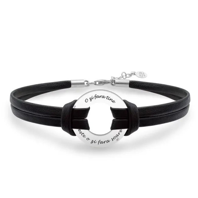 Bratara barbateasca piele cerc 20 mm personalizat gravura text Argint 925 Premium