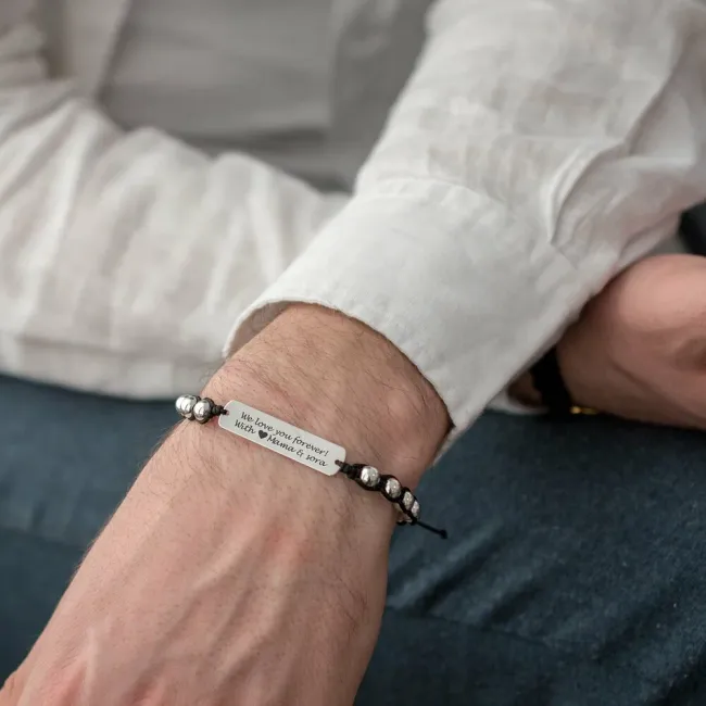 Bratara barbateasca tip Shamballa placuta 33 mm personalizata gravura text Argint 925 Premium