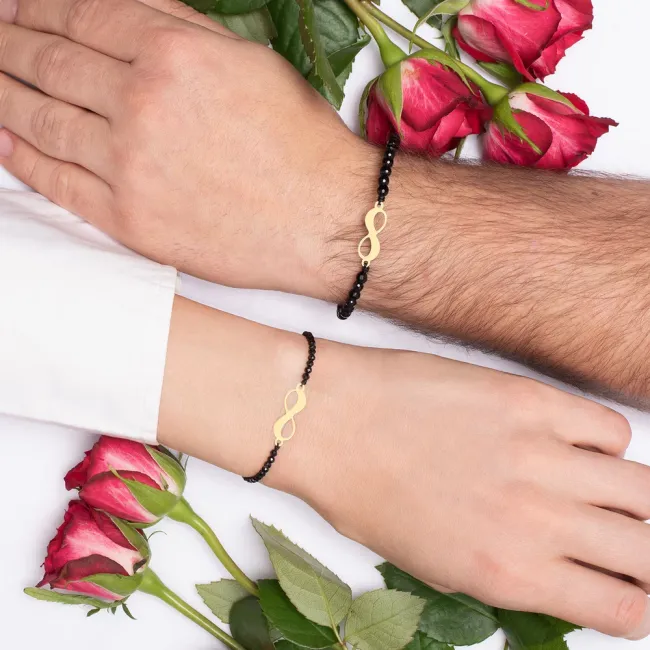 Bratari cuplu Aur 14K Premium, snur reglabil, onix,spinel si infinit, personalizate cu text ( 18 mm)