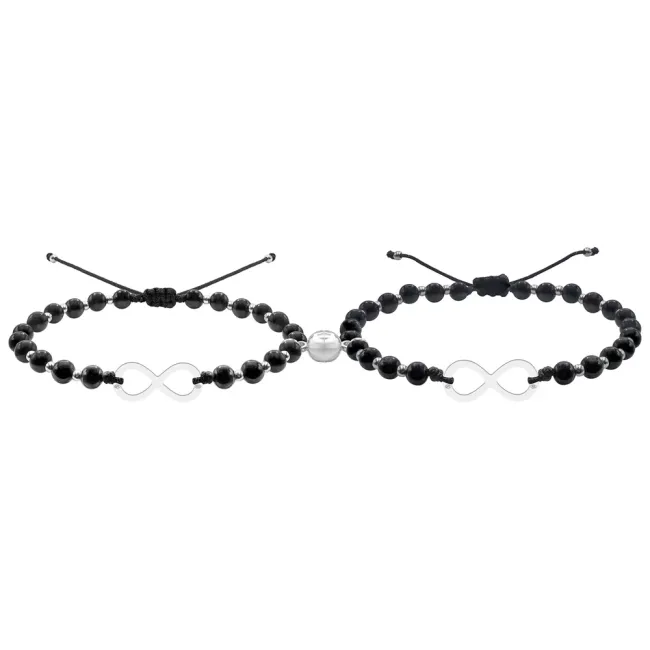 Bratari cuplu, Argint 925 Premium, snur reglabil,onix,bilute argint si infinit (17 mm)