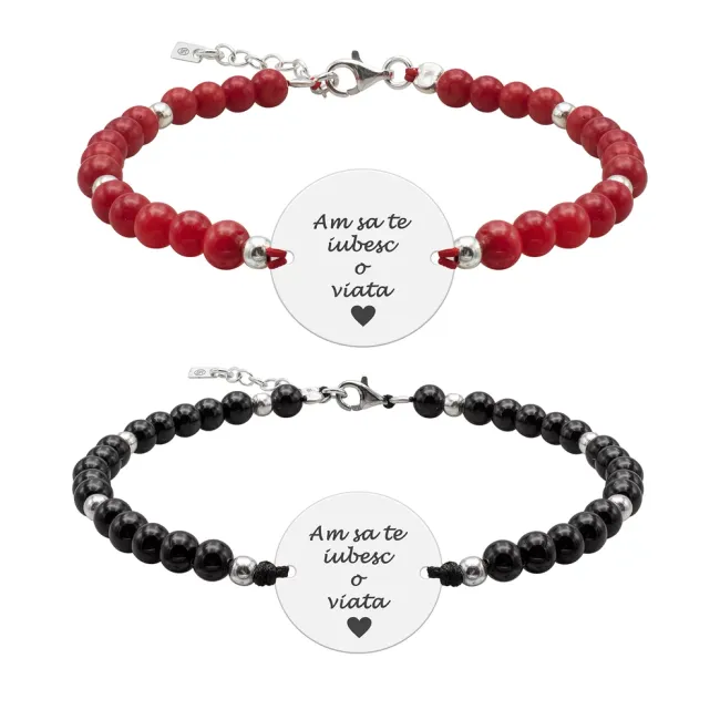 Bratari cuplu Argint 925 Premium, snur reglabil,mix onix, coral rosu bilute si banut, personalizate cu text 17 mm)
