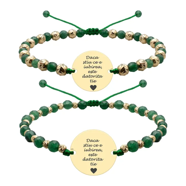 Bratari cuplu Argint 925 Premium, mix pietre semipretioase agat verde smarald, bilute si banut, personalizate cu text (17 mm)