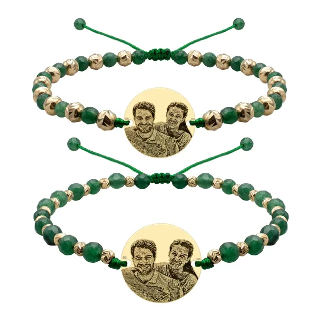 Bratari cuplu Argint 925 Premium, mix pietre semipretioase agat verde smarald, bilute si banut, personalizate cu foto (17 mm)