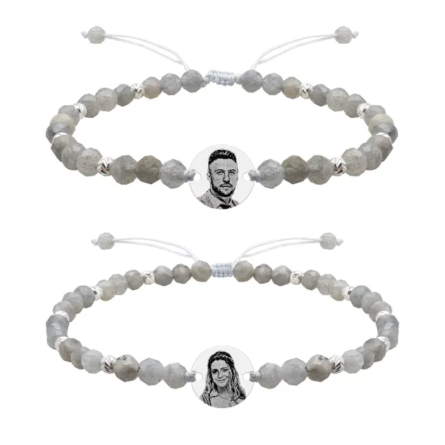 Bratari cuplu Argint 925 Premium, mix pietre semipretioase labradorit, bilute si banut, personalizate cu foto (10 mm)
