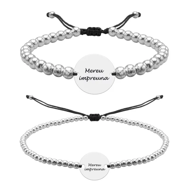 Bratari cuplu Argint 925 Premium,snur reglabil, bilute si banut, personalizate cu text (10 mm si 17 mm)