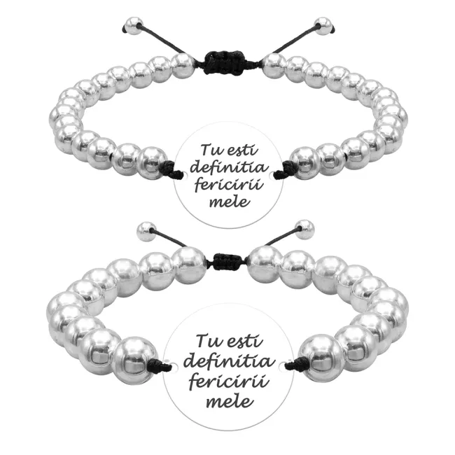 Bratari cuplu Argint 925 Premium, snur cu bilute si banut, personalizate cu text (17 mm si 22 mm)