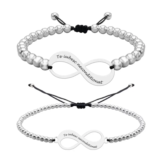 Bratari cuplu Argint 925 Premium, snur reglabil, infinit si bilute, personalizate cu text ( 18 mmsi 30 mm)