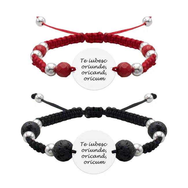 Bratari cuplu Argint 925 Premium, snur reglabil impletit cu mix lava, coral rosu, bilute si banut, personalizate text (17 mm)