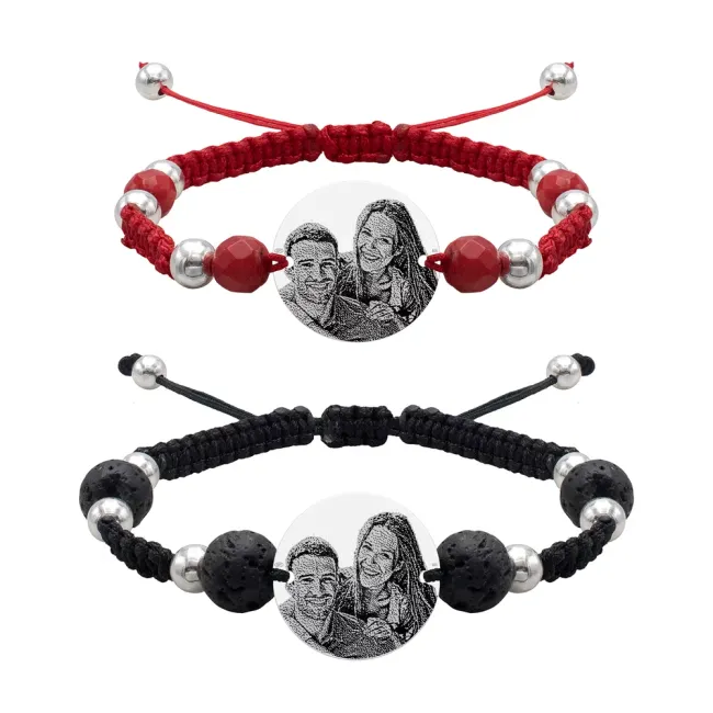 Bratari cuplu Argint 925 Premium, snur reglabil impletit cu mix lava, coral rosu, bilute si banut, personalizate cu poza (17 mm)