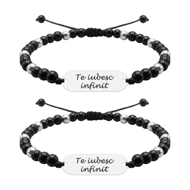 Bratari cuplu Argint 925 Premium, snur reglabil,mix onix, bilute si placuta, personalizate cu text (23 mm)