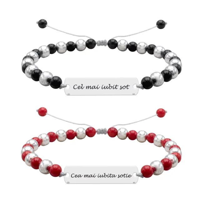Bratari cuplu Argint 925 Premium, snur reglabil, mix onix, coral rosu, bilute si placuta, personalizate cu text ( 25 mm)