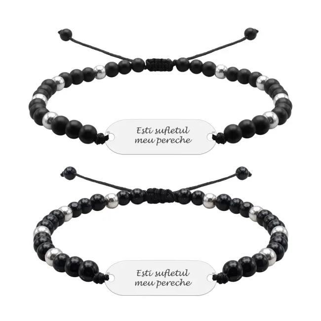 Bratari cuplu Argint 925 Premium, snur reglabil mix onix mat si lucios, bilute si placuta, personalizate cu text (23 mm)