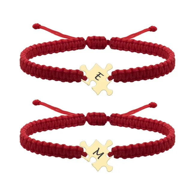 Bratari cuplu Aur 14K Premium, snur reglabil si piese de puzzle, personalizate cu initale (13 mm )
