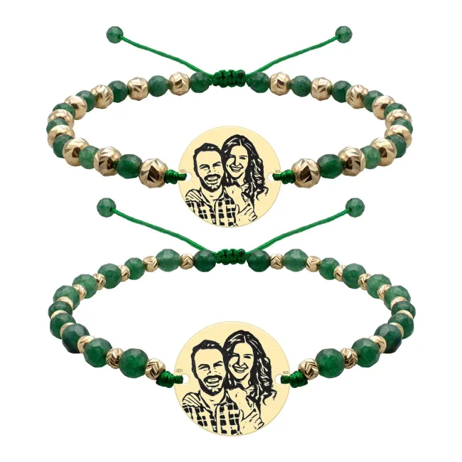 Bratari cuplu Argint 925 Premium, mix pietre semipretioase agat verde smarald, bilute si banut, personalizate 4life cu foto (17 mm)