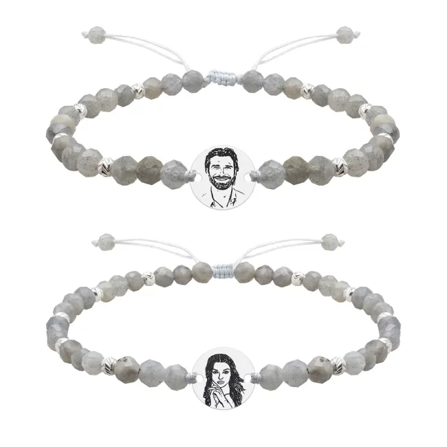 Bratari cuplu Argint 925 Premium, mix pietre semipretioase labradorit, bilute si banut, personalizate 4life cu foto (10 mm)