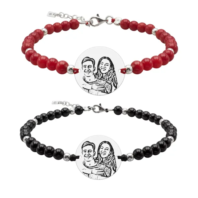 Bratari cuplu Argint 925 Premium, snur reglabil,mix onix, coral rosu bilute si banut, personalizate cu gravura foto 4life ( 17 mm)