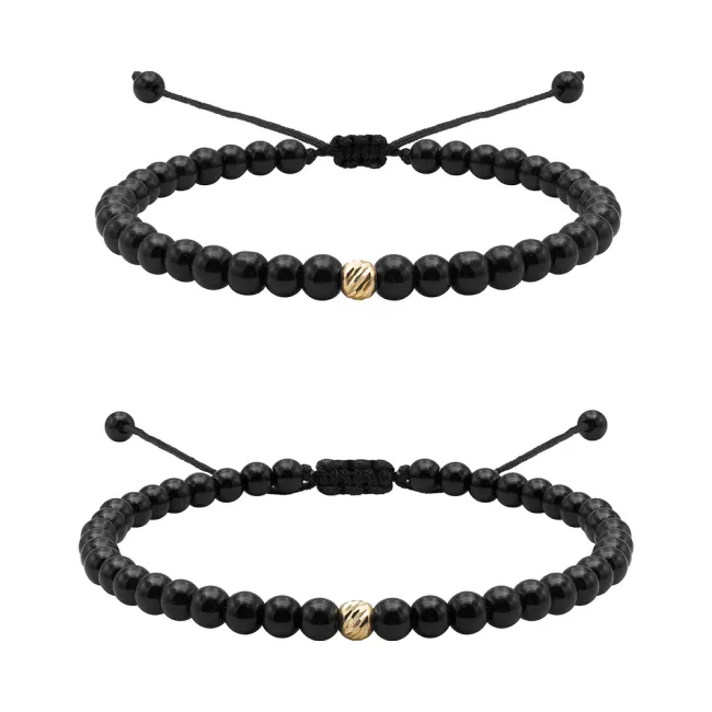 Bratari cuplu biluta Aur 14K Premium, onix si snur reglabil(4mm)