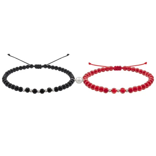 Bratari de cuplu, Argint 925 Premium, snur reglabil, onix si coral, bilute din argint (2,5 mm)