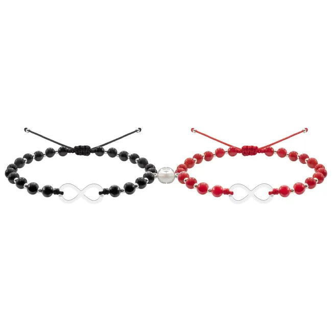 Bratari de cuplu, Argint 925 Premium, snur reglabil, onix si coral, bilute din argint si infinit (17 mm)