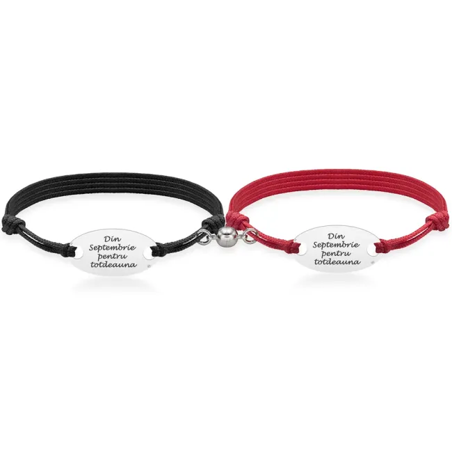 Bratari cuplu magnetice Argint 925 Premium, snur reglabil si oval, personalizate cu text (22 mm)