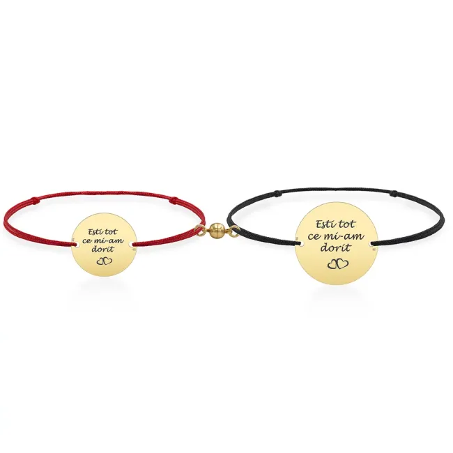 Bratari cuplu magnetice Argint 925 Premium, snur reglabil si banut, personalizate cu text (17mm si 22mm)