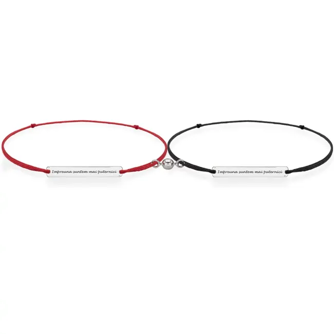 Bratari cuplu magnetice Argint 925 Premium, snur reglabil si placuta, personalizate cu text (31 mm)