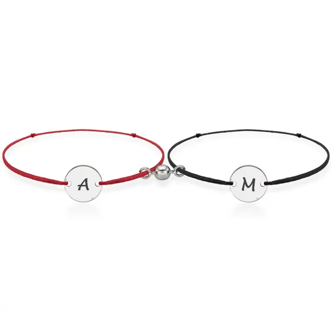 Bratari cuplu magnetice Argint 925 Premium, snur reglabil si banuti, personalizate initiale (10 mm)