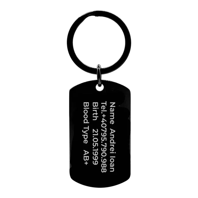 Breloc Inox Premium hipoalergenic,personalizat cu text, placuta Army, finisaj obsidian (43 mm)